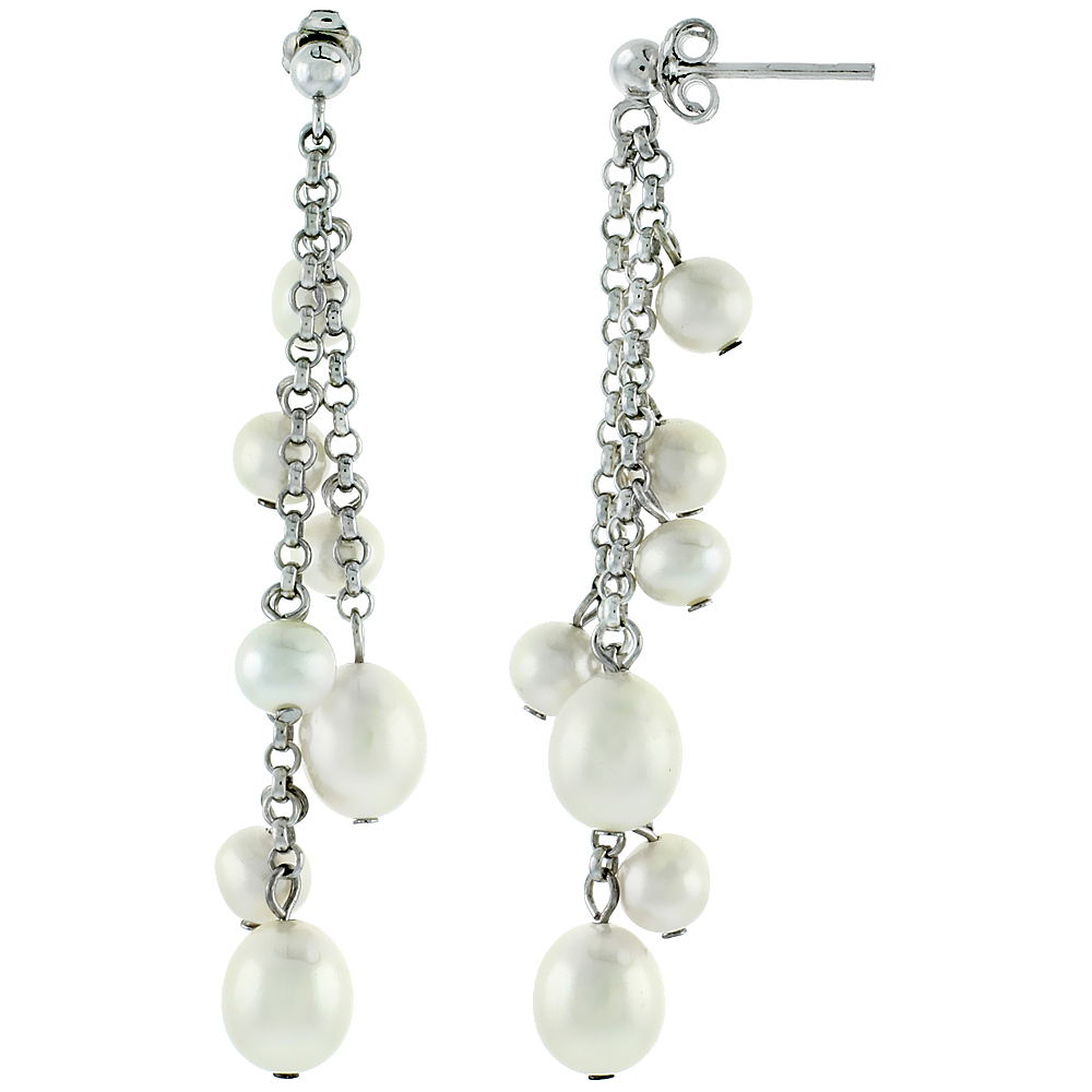 Sterling Silver Pearl Drop Earrings 9 mm and 6 mm Freshwater, 56 mm Long