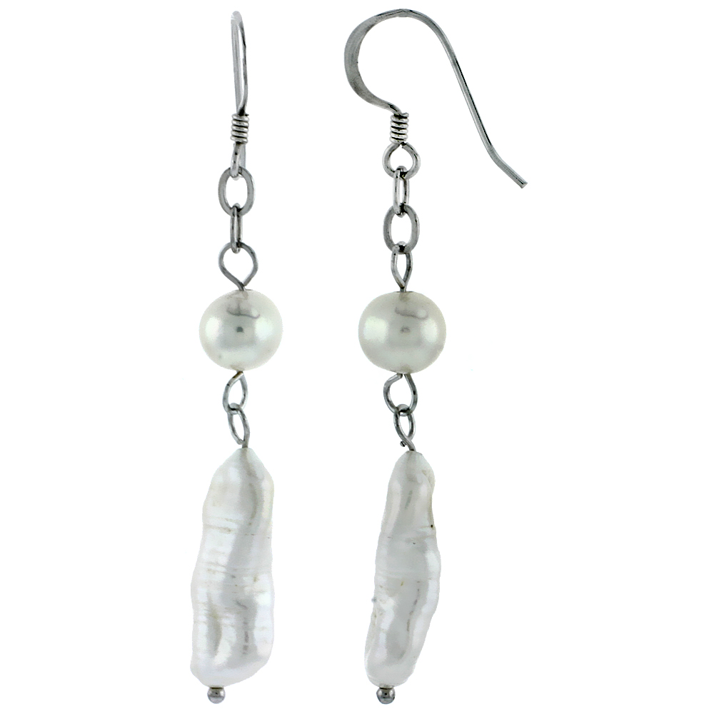 Sterling Silver Pearl Drop Earrings 8 mm and 25 mm Freshwater, 45 mm Long