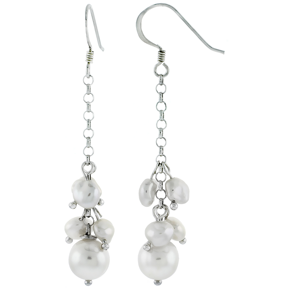 Sterling Silver Pearl Drop Earrings 5 mm and 7.5 mm Freshwater, 35 mm Long