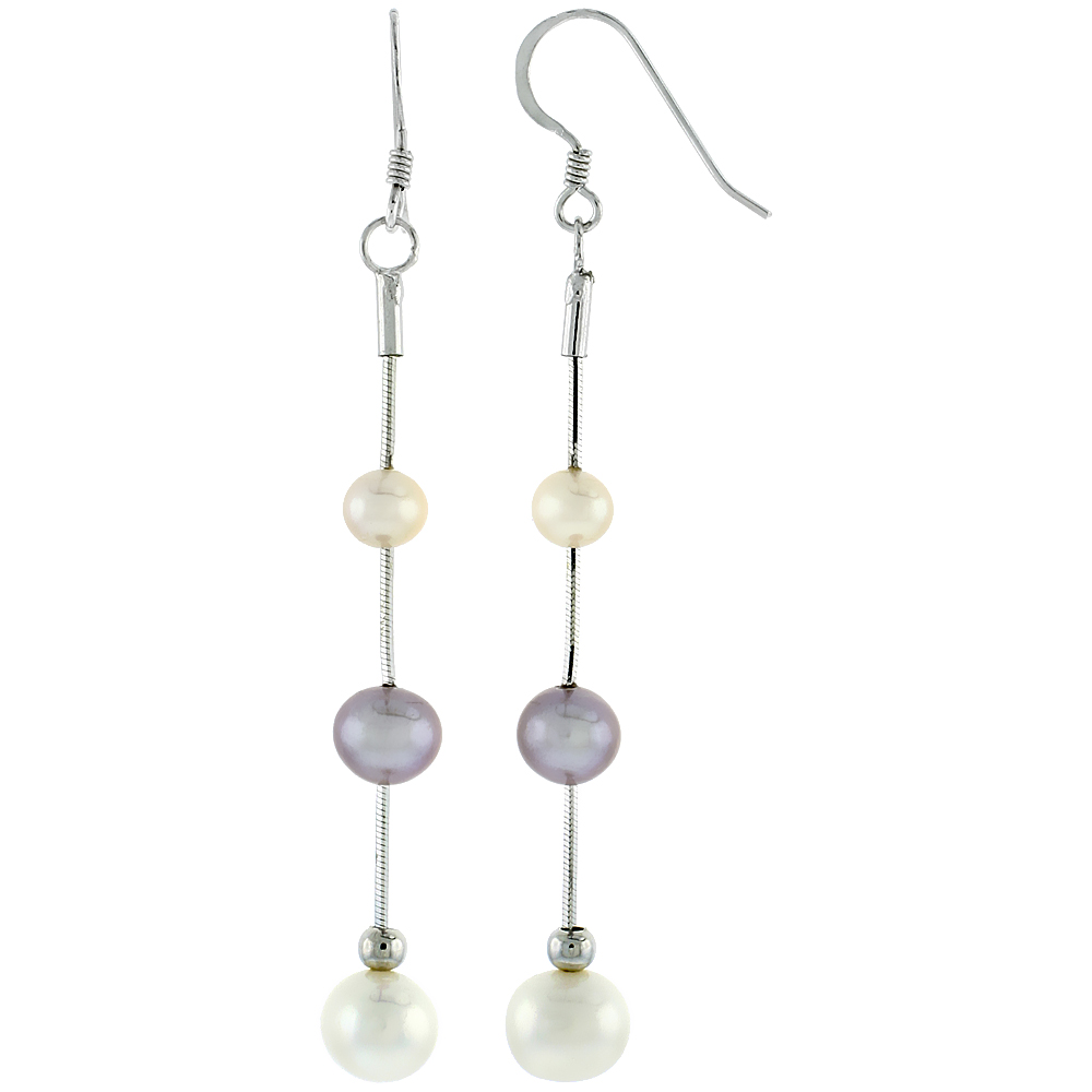Sterling Silver Pearl Drop Earrings 7.5 mm and 8 mm Freshwater, 52 mm Long