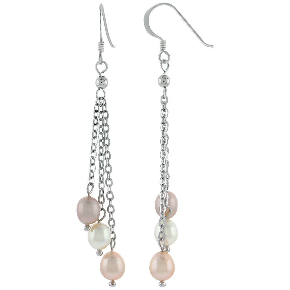 Sterling Silver Pearl Drop Earrings 6 mm 5 mm and 8.5 mm Freshwater, 57 mm Long