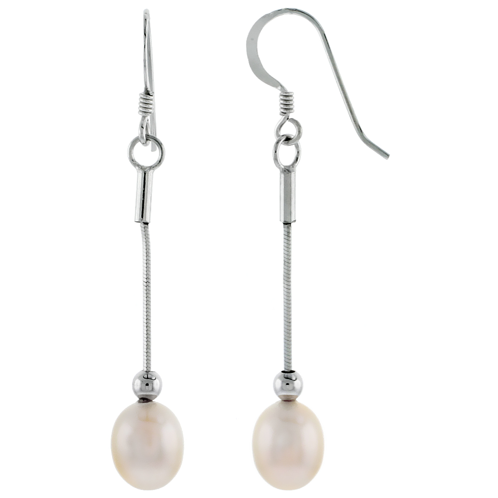 Sterling Silver Pearl Drop Earrings 8.5 mm Freshwater, 34 mm Long