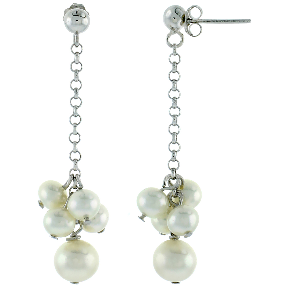 Sterling Silver Pearl Drop Earrings 5 mm and 4 mm Freshwater, 45 mm Long