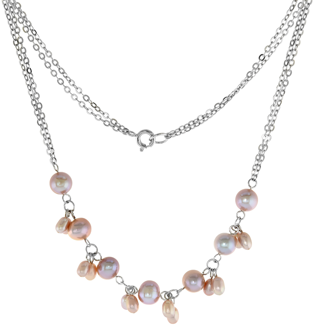 Sterling Silver Cultured Freshwater 8 mm Pink Pearl Necklace for Women with 5mm Drops 16.5 inch