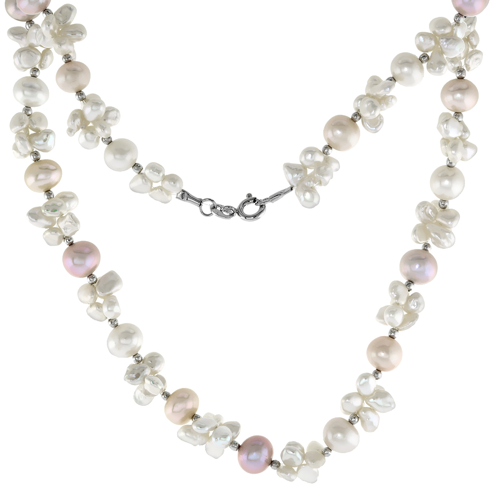 Sterling Silver Cultured Freshwater 7.5mm Nugget Cluster Pearl Necklace for Women with alternating 5mm Rounds 18 inch
