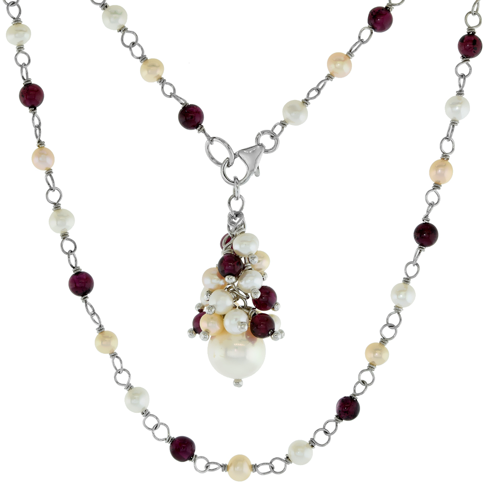 Sterling Silver Cultured Freshwater 4mm Yellow and White Pearl Necklace for Women with Garnet Bead Cluster 25 inch