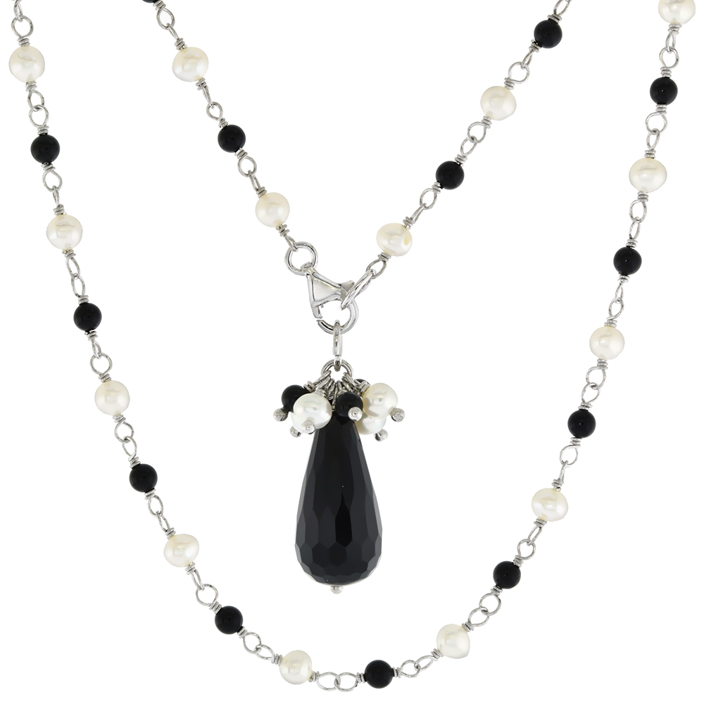 Sterling Silver Cultured Freshwater Wrapped 4mm Pearl & Onyx Necklace for Women 19 inch