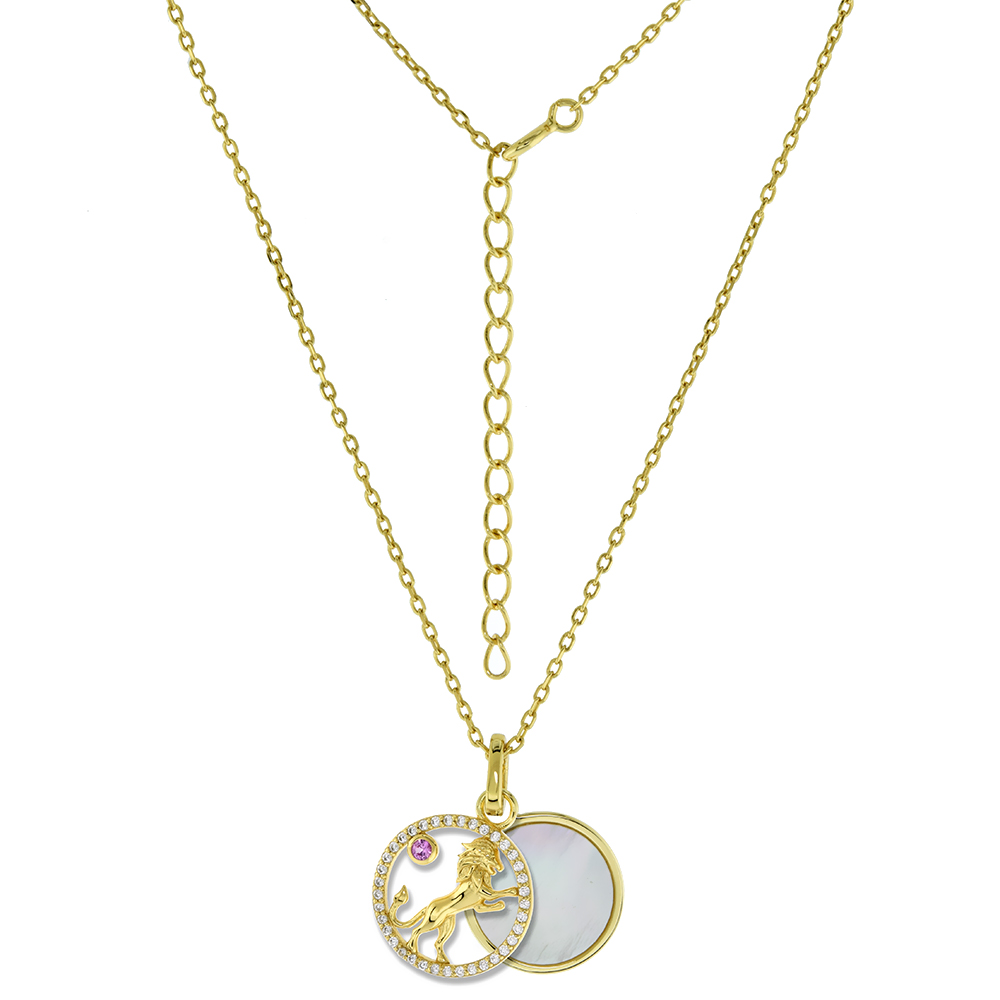 Gold Plated Sterling Silver CZ Mother of Pearl Lion Zodiac sign Leo Necklace for Women Enhancer Bale 3/8 (15mm) Round 16 + 2 inch Extension
