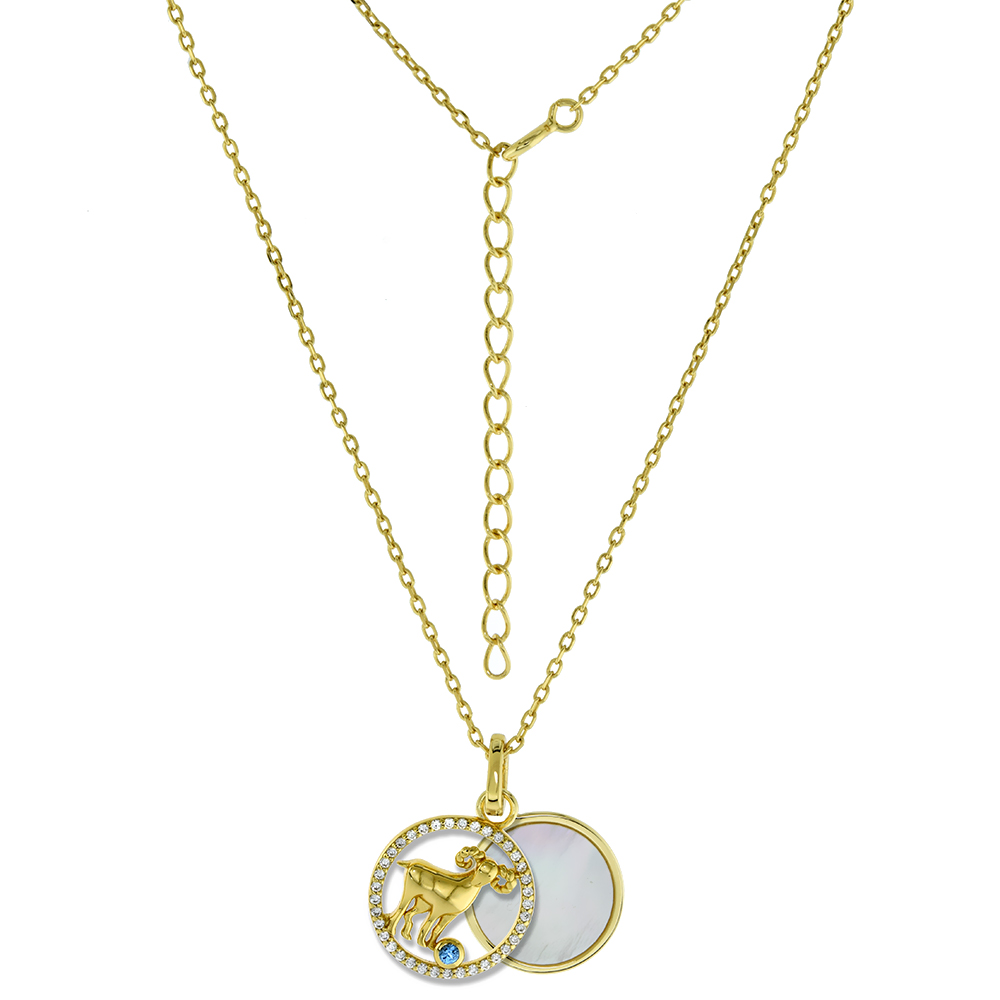 Gold Plated Sterling Silver CZ Mother of Pearl Ram Zodiac sign Aries Necklace for Women Enhancer Bale 3/8 (15mm) Round 16 + 2 inch Extension