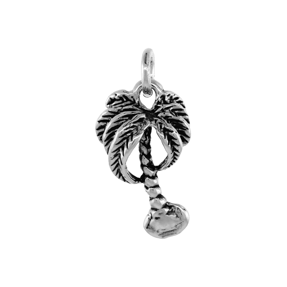 Sterling Silver Palm Tree Necklace Antiqued finish 3/4 inch, 16 - 30 inch 0.8mm Box Chain