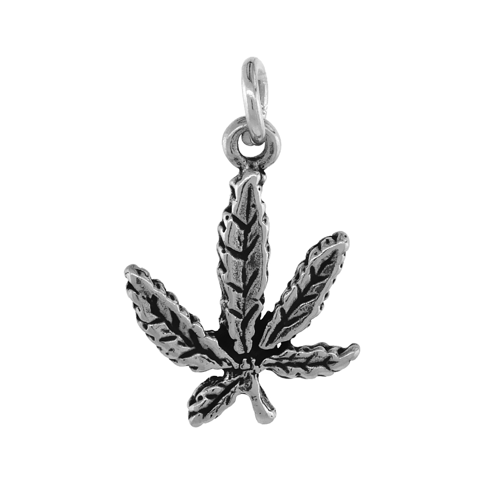STERLING SILVER MARIJUANA LEAF PENDANT ANTIQUED FINISH 3/4 INCH
