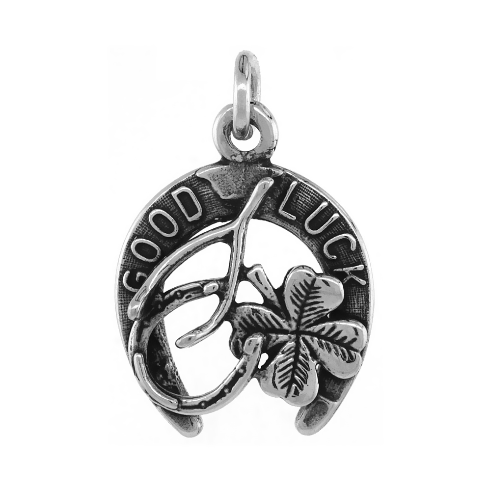 Irish Lucky Charm Necklace Horseshoe Clover Wishbone Antiqued finish 3/4 inch, 16 - 30 inch 0.8mm Box Chain