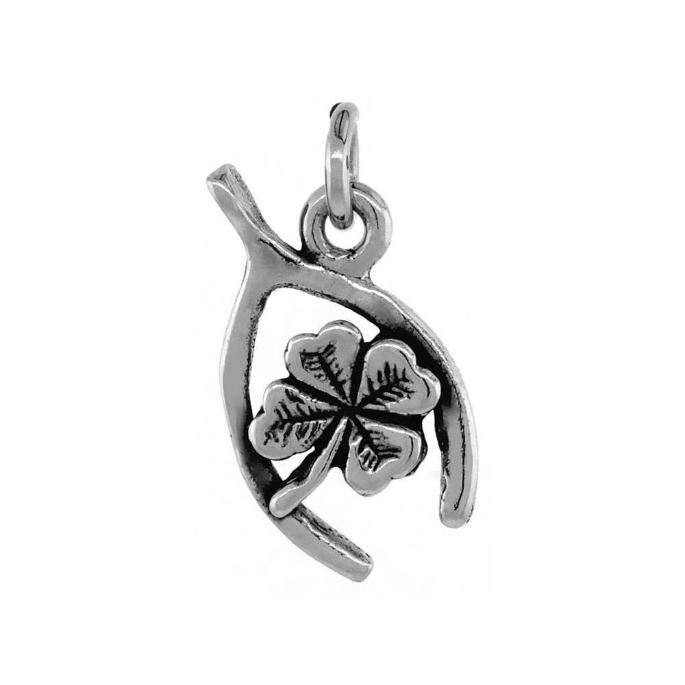 STERLING SILVER IRISH GOOD LUCK CHARM PENDANT WISHBONE AND CLOVER ANTIQUED FINISH 3/8 INCH, 16 INCH CHAIN BX_15