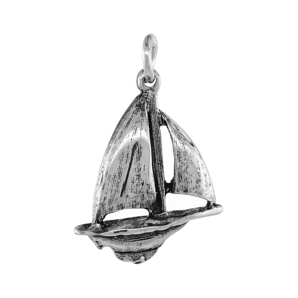 Sterling Silver Sailboat Necklace Antiqued finish 5/8 inch, 16 - 30 inch 0.8mm Box Chain