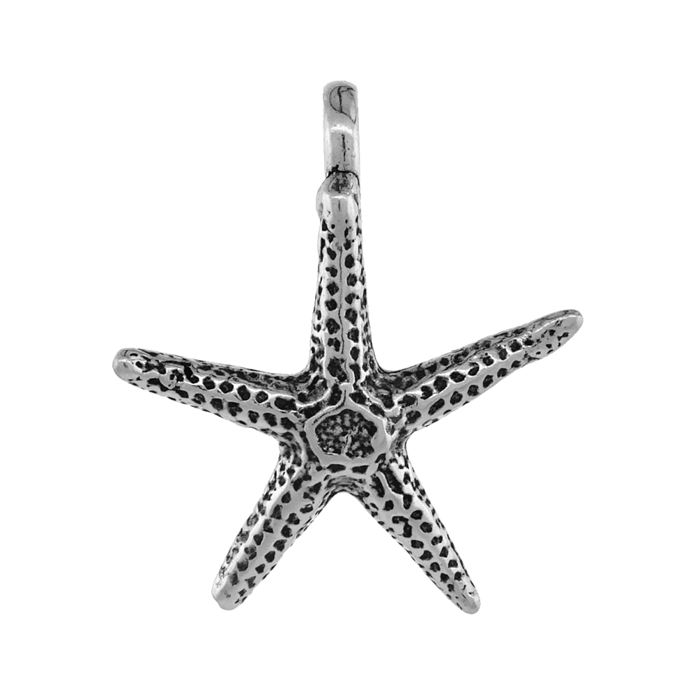 Sterling Silver Starfish Necklace Antiqued finish 11/16 inch, 16 - 30 inch 0.8mm Box Chain