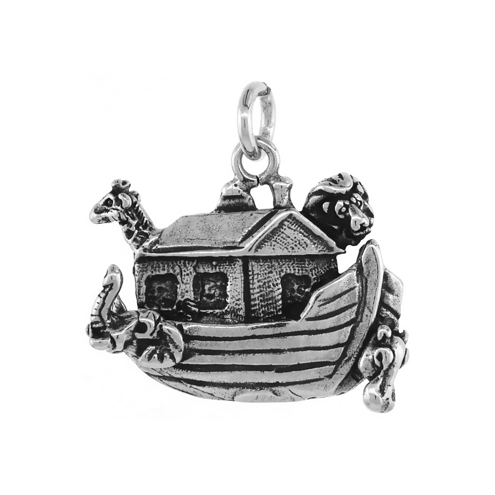 Sterling Silver Noah's Ark Necklace Antiqued finish 3/8 inch, 16 - 30 inch 1 mm Box Chain