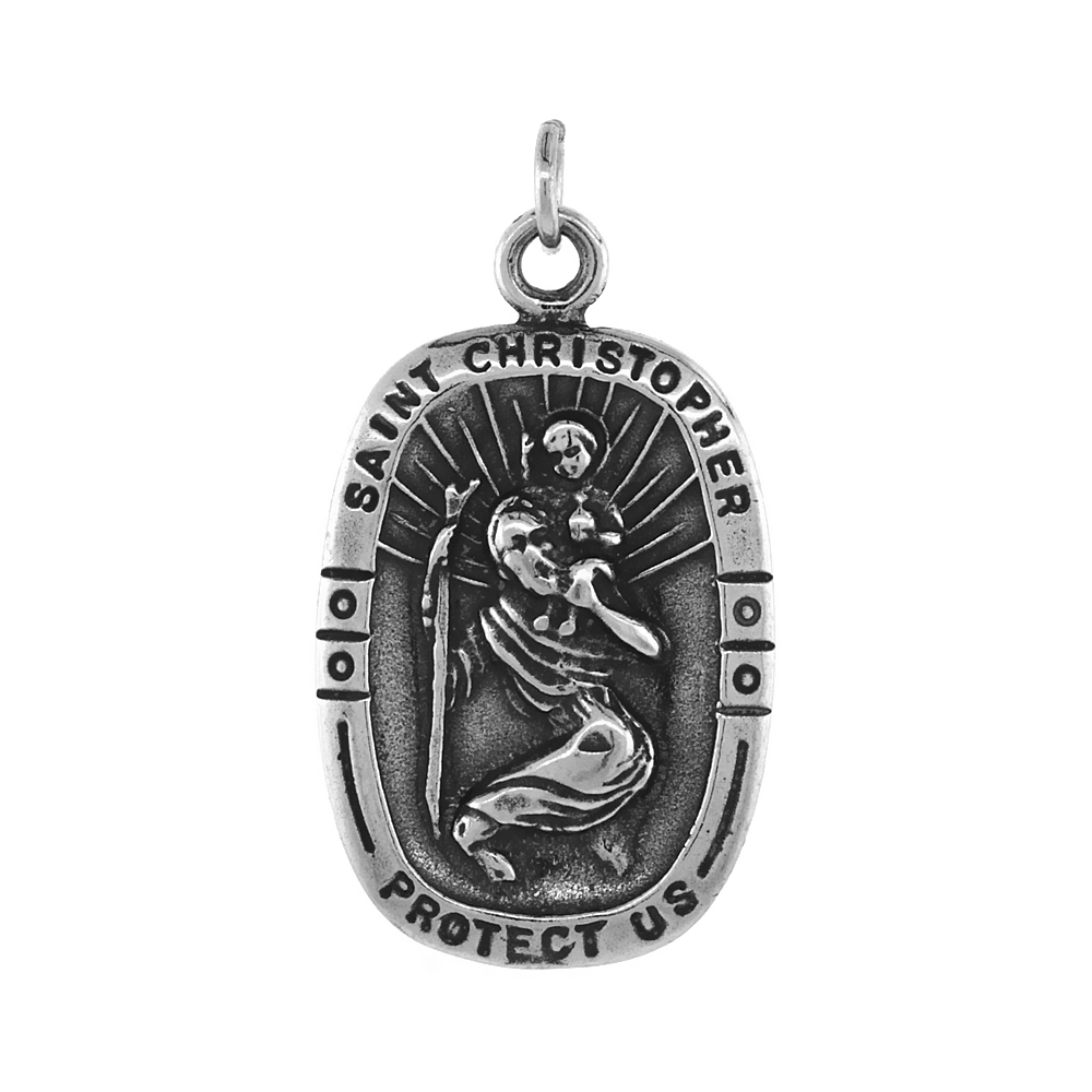 Sterling Silver St. Christopher Necklace Antiqued finish 3/4 inch, 16 - 30 inch 1.2 mm Box Chain