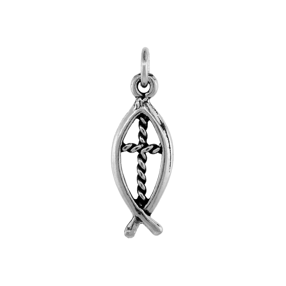 Sterling Silver Christian Fish Charm Antiqued finish Ichthys Necklace, 1/2 inch, 16 - 30 inch 0.8mm Box Chain