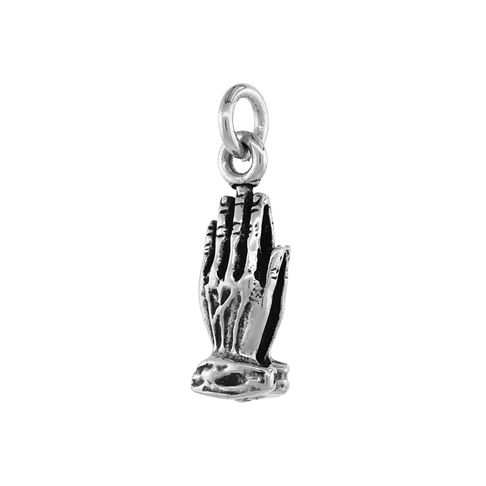 Sterling Silver Praying Hands Necklace Antiqued finish 5/16 inch, 16 - 30 inch 0.8mm Box Chain