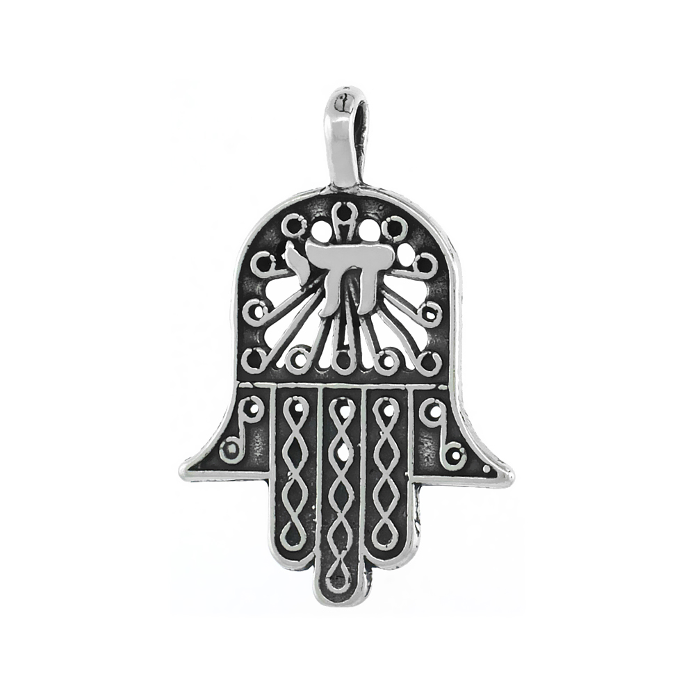 Sterling Silver Hamsa Necklace Antiqued finish 3/4 inch, 16 - 30 inch 0.8mm Box Chain