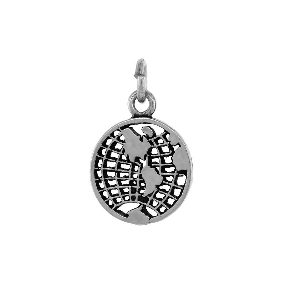 Sterling Silver Small Flat Globe Necklace Antiqued finish 1/2 inch, 16 - 30 inch 0.8mm Box Chain