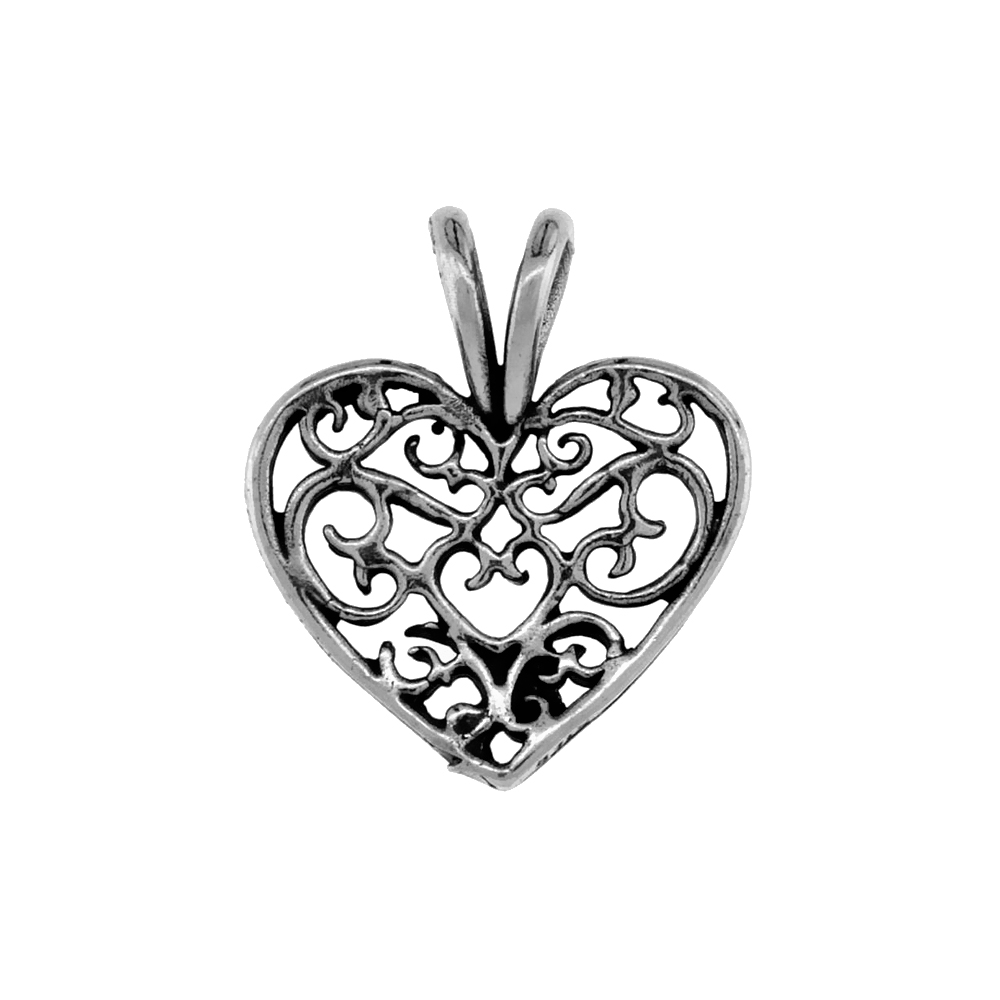 Sterling Silver Small Filigree Heart Necklace Antiqued finish 7/16 inch, 16 - 30 inch 0.8mm Box Chain