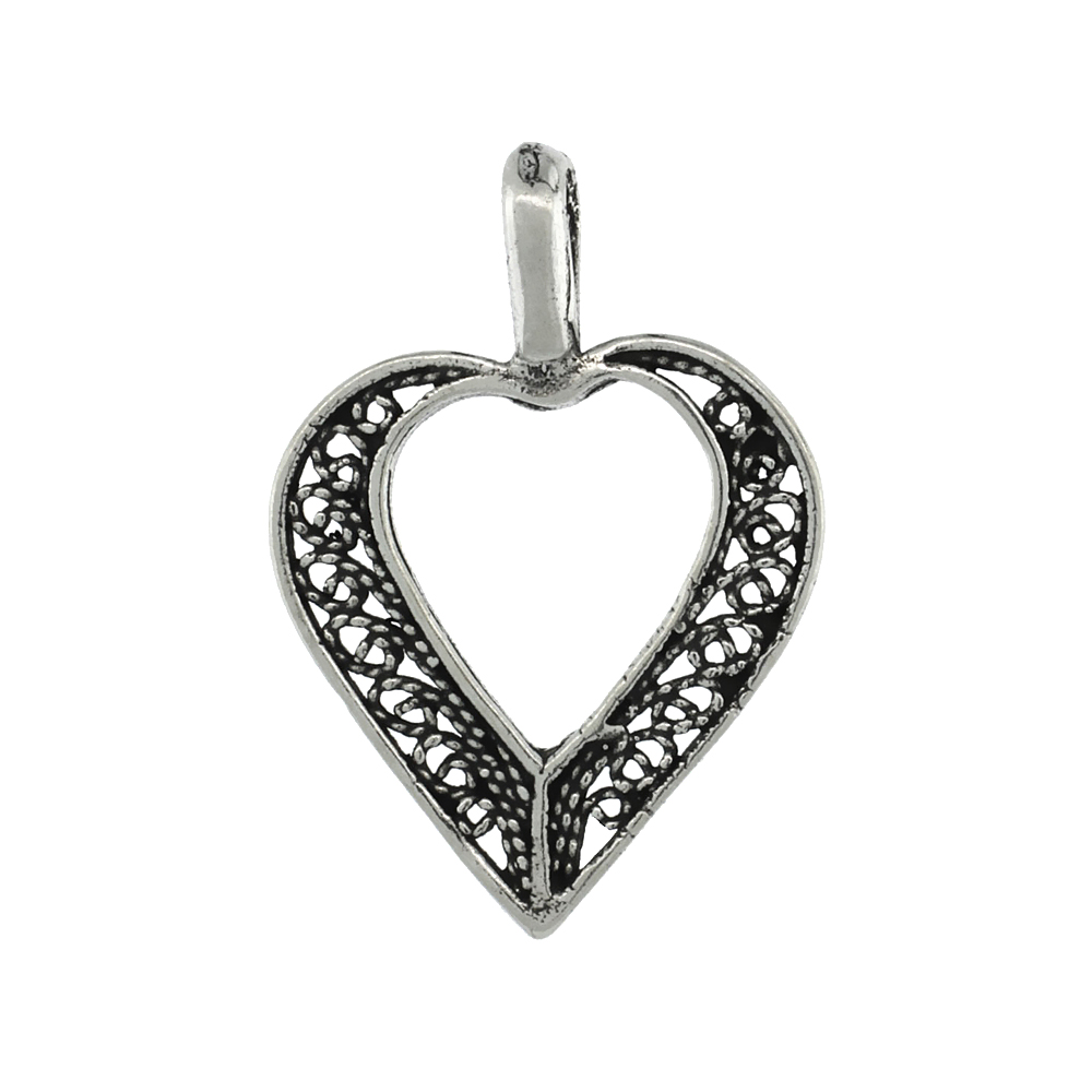 Sterling Silver Filigree Heart Necklace Antiqued finish 1 inch, 16 - 30 inch 0.8mm Box Chain