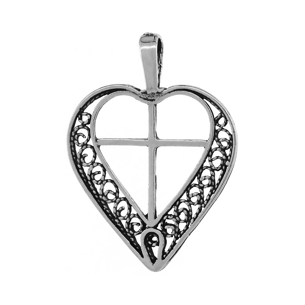 Sterling Silver Filigree Open Heart with Cross Necklace Antiqued finish 1 1/16 inch, 16 - 30 inch 0.8mm Box Chain