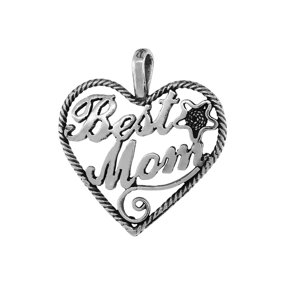 STERLING SILVER BEST MOM HEART NECKLACE ANTIQUED FINISH 7/8 INCH, 16 - 30 INCH 0.8MM BOX CHAIN