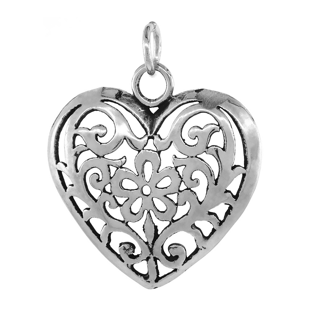 Sterling Silver Heart Neklace Flower Motif Antiqued finish 1 1/8 inch, 16 - 30 inch 0.8mm Box Chain