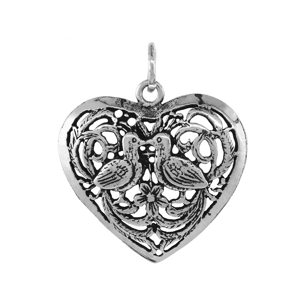 STERLING SILVER FILIGREE HEART & DOVES PENDANT ANTIQUED FINISH 7/8 INCH