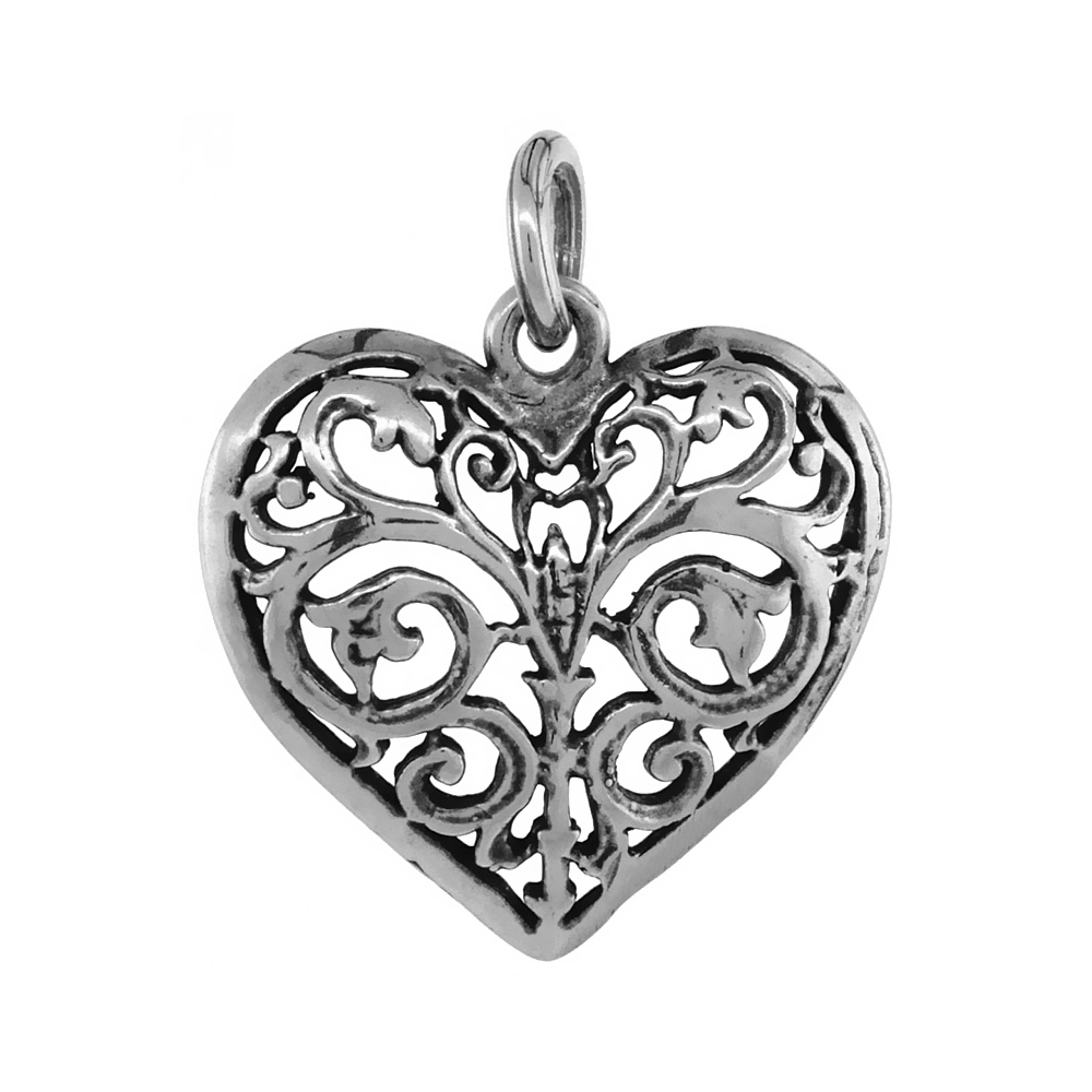 Sterling Silver Filigree Heart Necklace Scrolls motif Antiqued finish 7/8 inch, 16 - 30 inch 0.8mm Box Chain