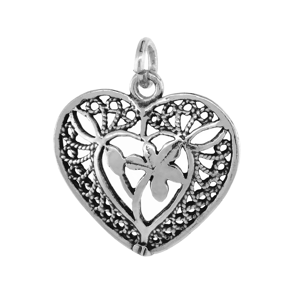 Sterling Silver Filigree Heart Necklace Flower Center Antiqued finish 7/8 inch, 16 - 30 inch 0.8mm Box Chain