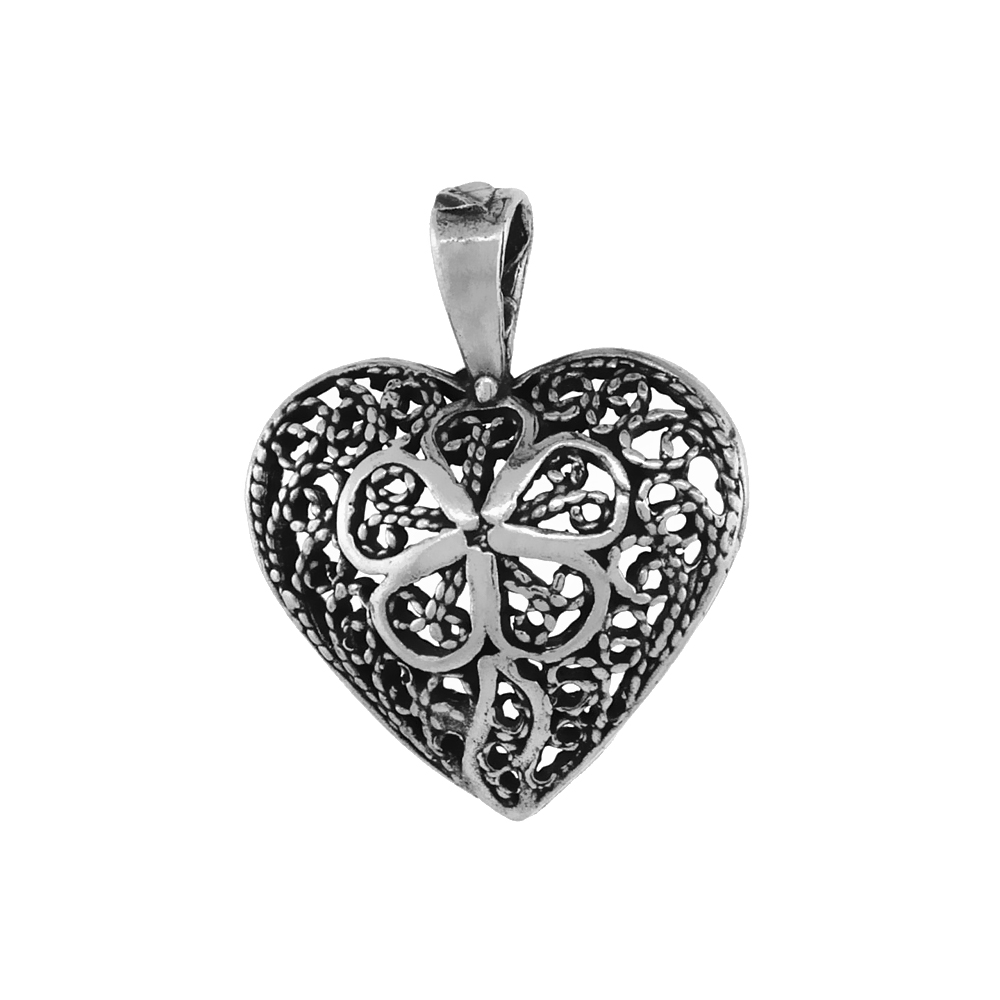 Small Sterling Silver Filigree Heart Necklace Flower Antiqued finish 7/8 inch, 16 - 30 inch 0.8mm Box Chain