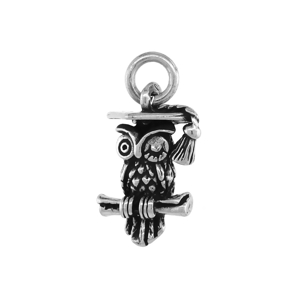 Sterling Silver Wise Owl Necklace Antiqued finish 5/8 inch, 16 - 30 inch 0.8mm Box Chain