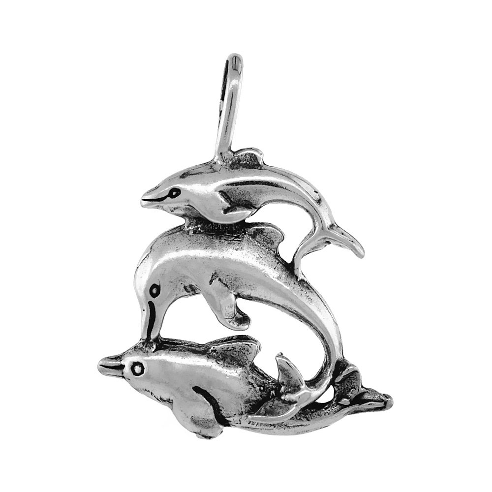 Sterling Silver Triple Dolphin Necklace Antiqued finish 1 1/8 inch, 16 - 30 inch 1 mm Box Chain