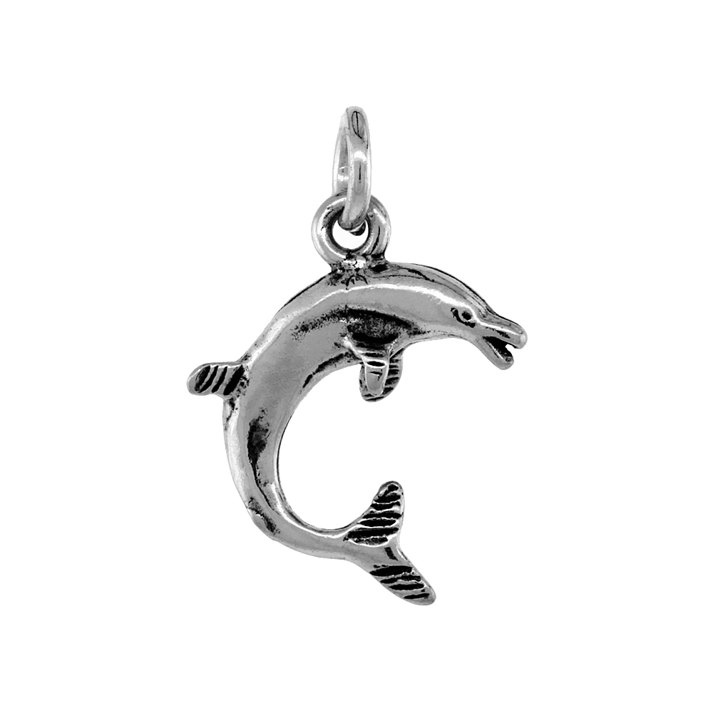 Sterling Silver Dolphin Necklace Antiqued finish 3/4 inch, 16 - 30 inch 0.8mm Box Chain