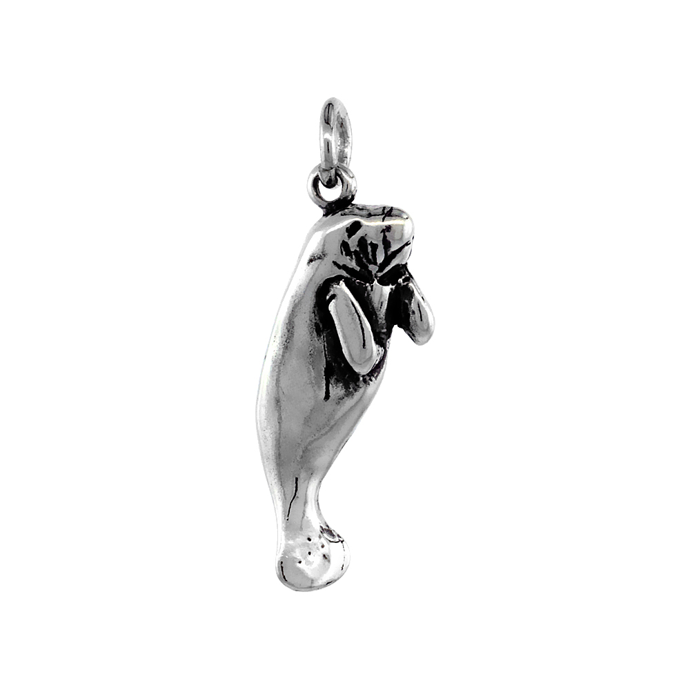 Sterling Silver Manatee Necklace Antiqued finish 1 inch, 16 - 30 inch 0.8mm Box Chain