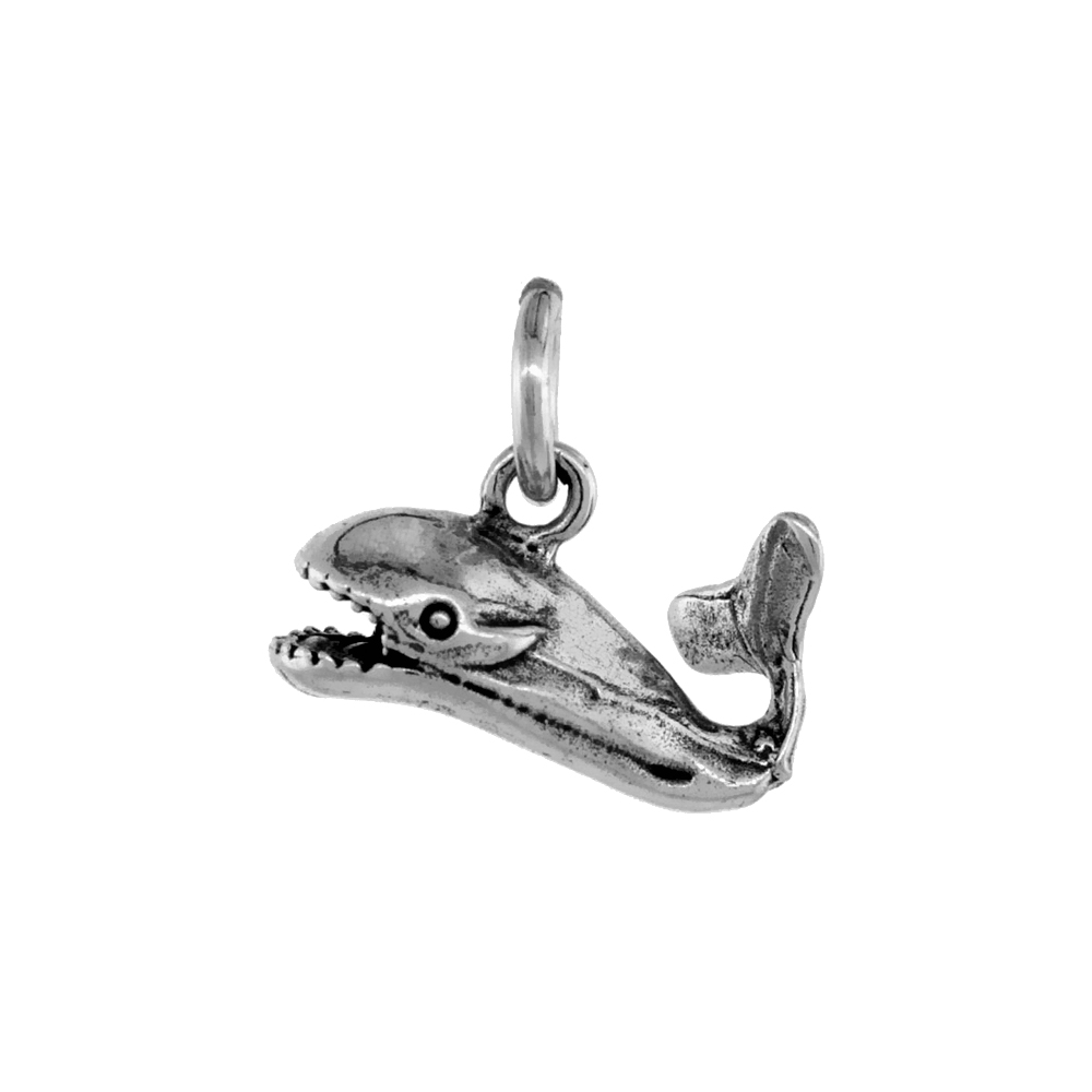 Sterling Silver Whale Necklace Antiqued finish 5/8 inch, 16 - 30 inch 0.8mm Box Chain