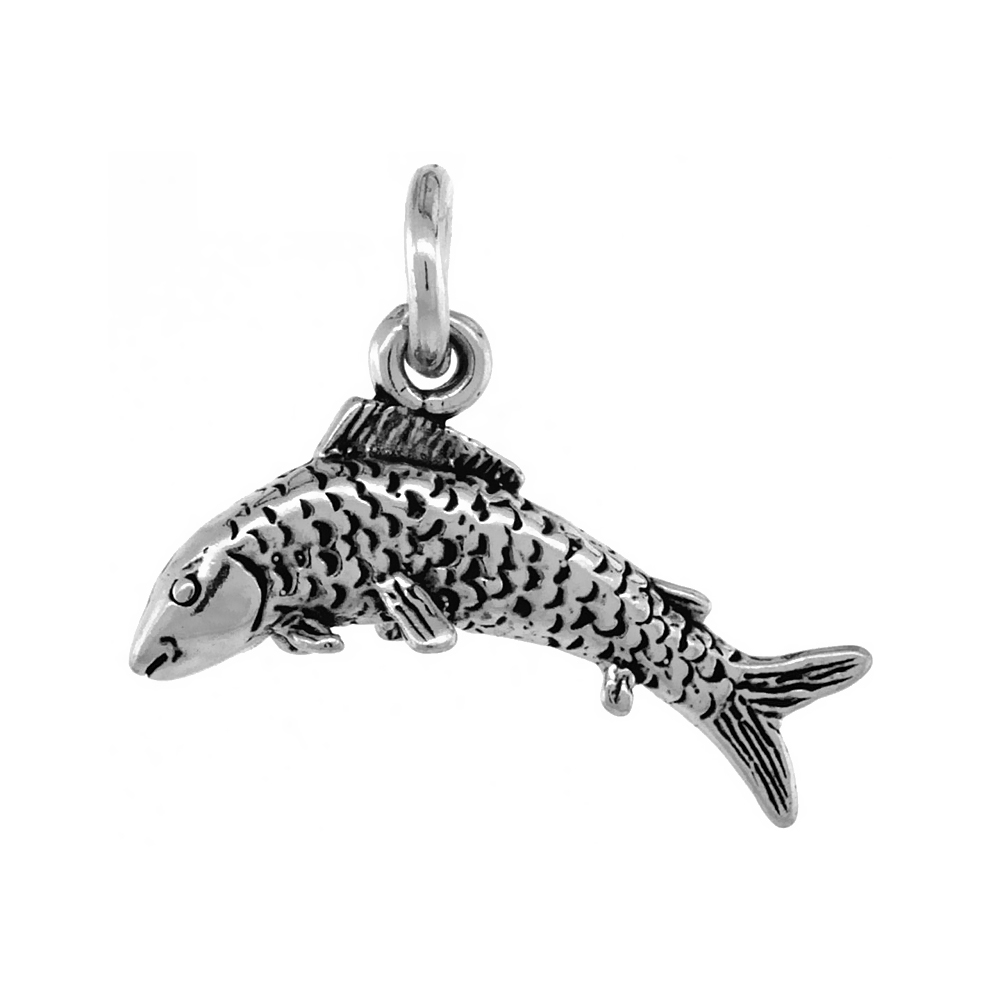 Sterling Silver Trout Necklace Antiqued finish 3/4 inch, 16 - 30 inch 0.8mm Box Chain