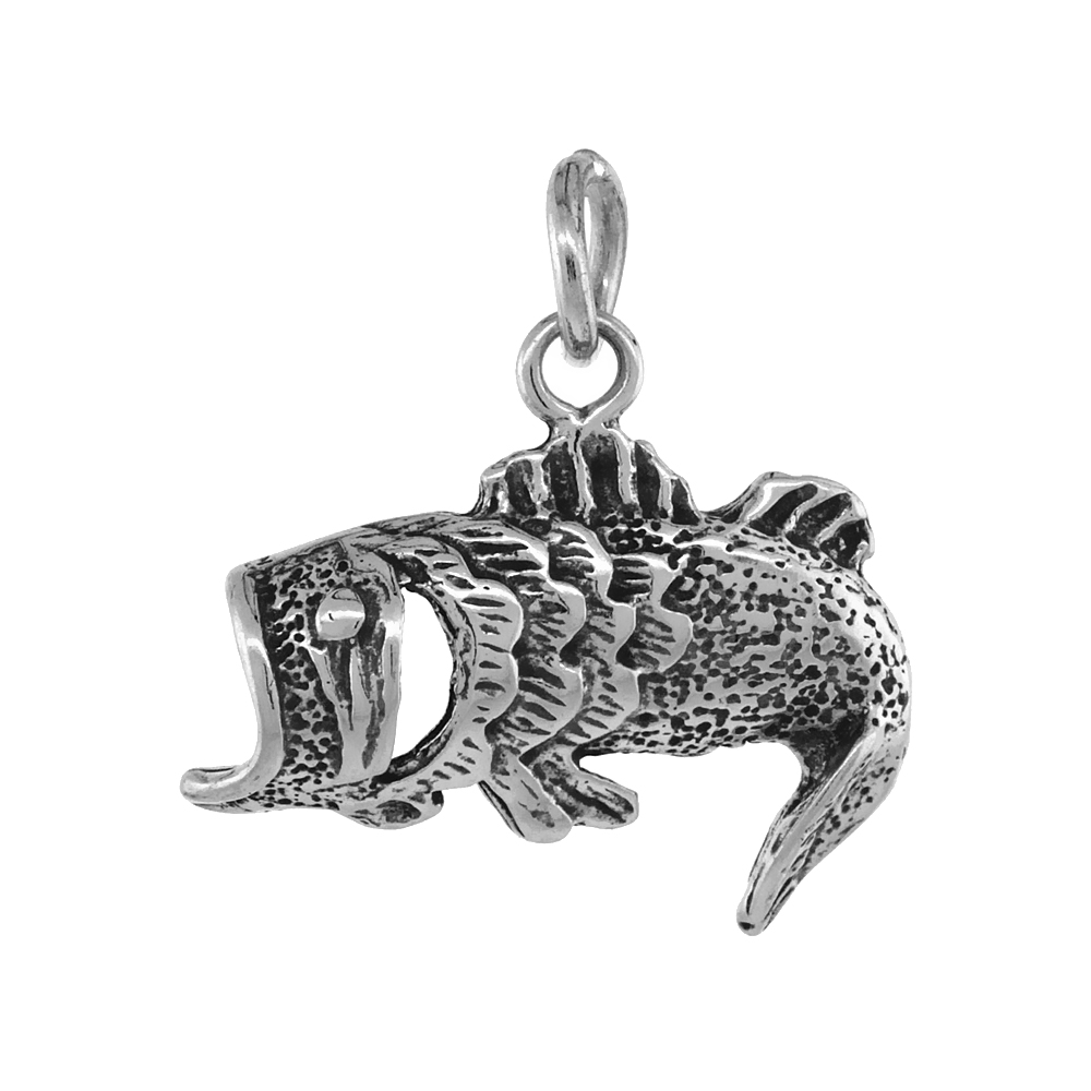 STERLING SILVER BIG MOUTH BASS PENDANT ANTIQUED FINISH 1 INCH