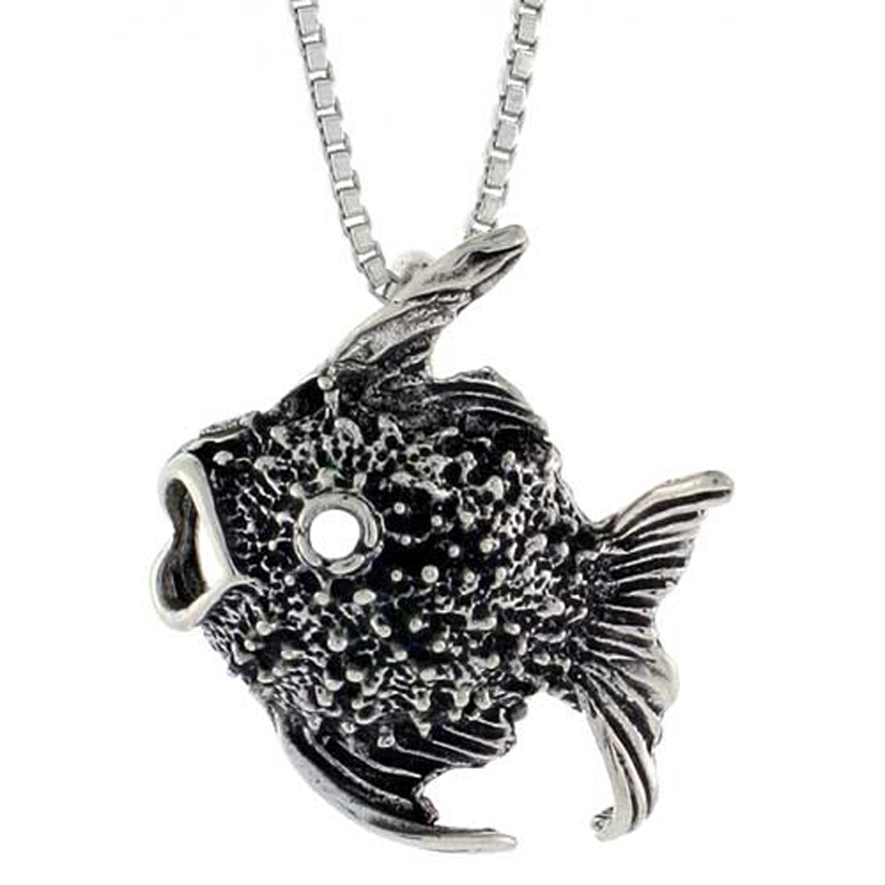 Sterling Silver Tropical Fish Necklace Antiqued finish 3/4 inch, 16 - 30 inch 0.8mm Box Chain