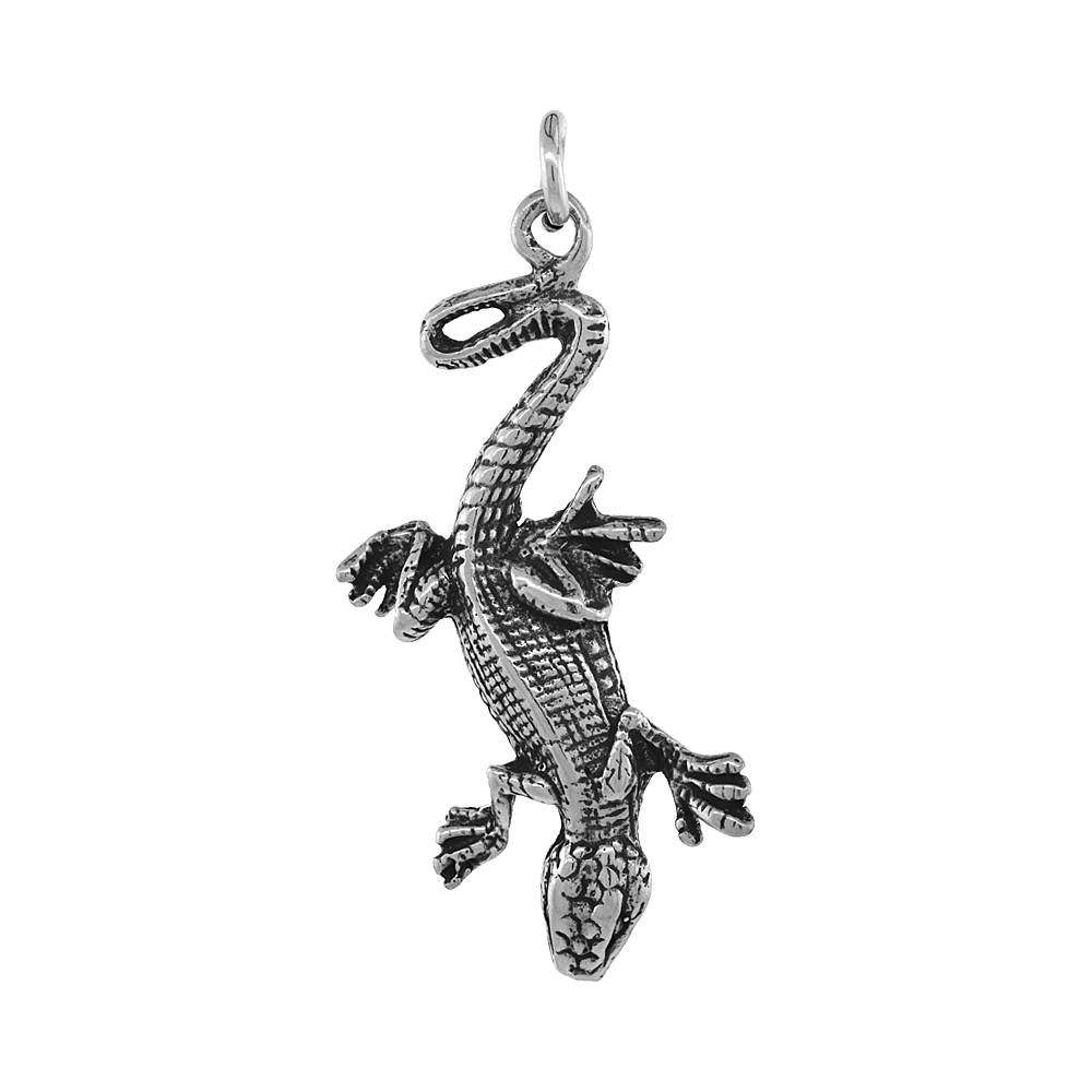 STERLING SILVER GECKO NECKLACE ANTIQUED FINISH 1 1/2 INCH, 16 - 30 INCH 0.8MM BOX CHAIN