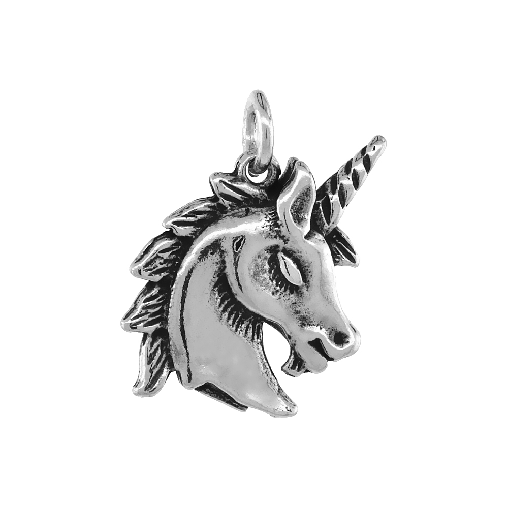 Sterling Silver Unicorn Necklace Antiqued finish 3/4 inch, 16 - 30 inch 1 mm Box Chain