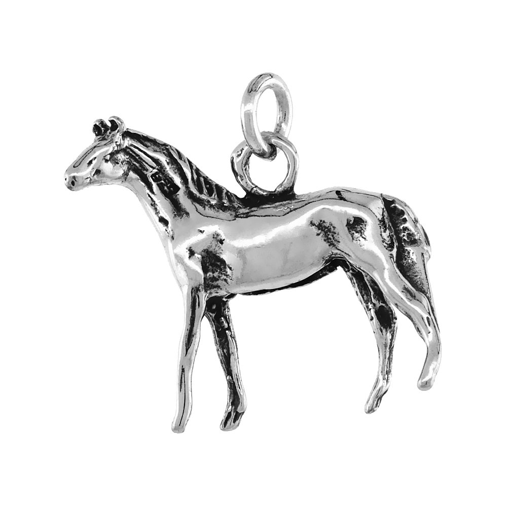 Sterling Silver Horse Necklace Antiqued finish 7/8 inch, 16 - 30 inch 1 mm Box Chain