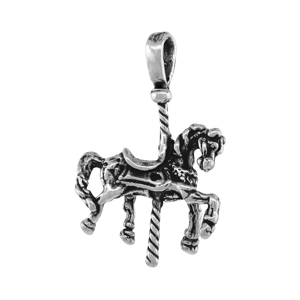 Sterling Silver Carousel Horse Necklace Antiqued finish 1 inch, 16 - 30 inch 0.8mm Box Chain