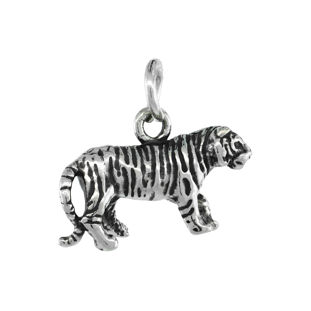 Sterling Silver Tiny Tiger Charm 18 inch Necklace Antiqued finish 3/4 inch, 16 - 30 inch 0.8mm Box Chain