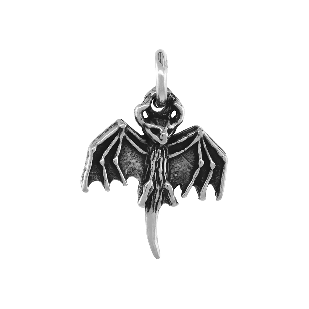 Sterling Silver Bat Necklace Antiqued finish 3/4 inch, 16 - 30 inch 0.8mm Box Chain