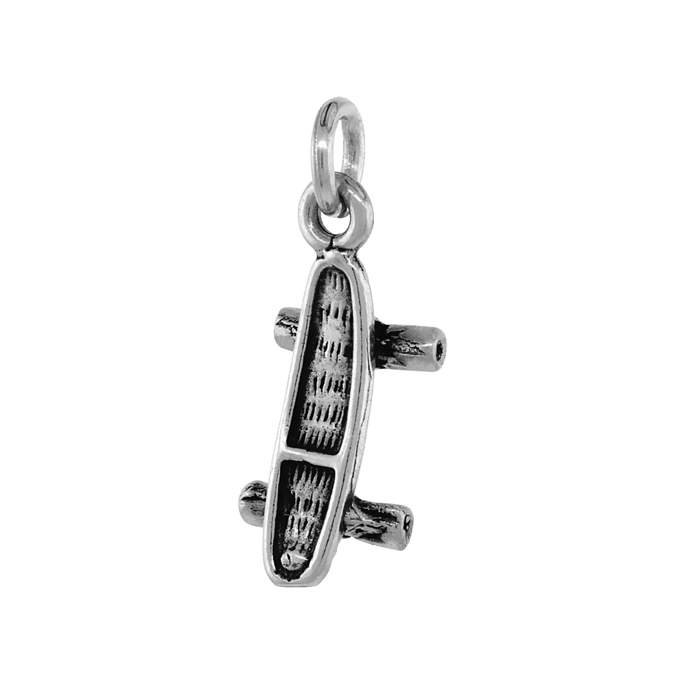 Sterling Silver Skateboard Necklace Antiqued finish 3/4 inch, 16 - 30 inch 0.8mm Box Chain