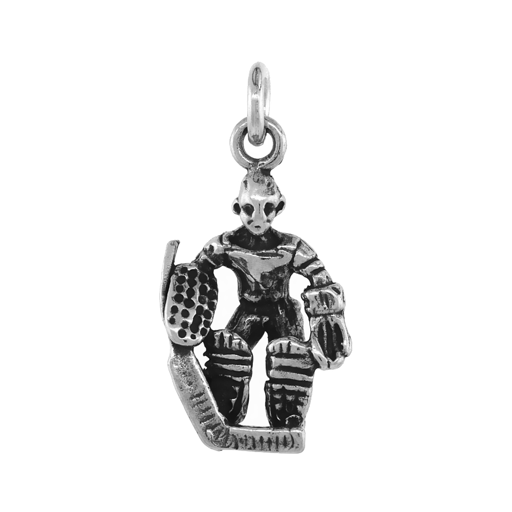 Sterling Silver Hockey Goalie Necklace Antiqued finish 7/8 inch, 16 - 30 inch 0.8mm Box Chain